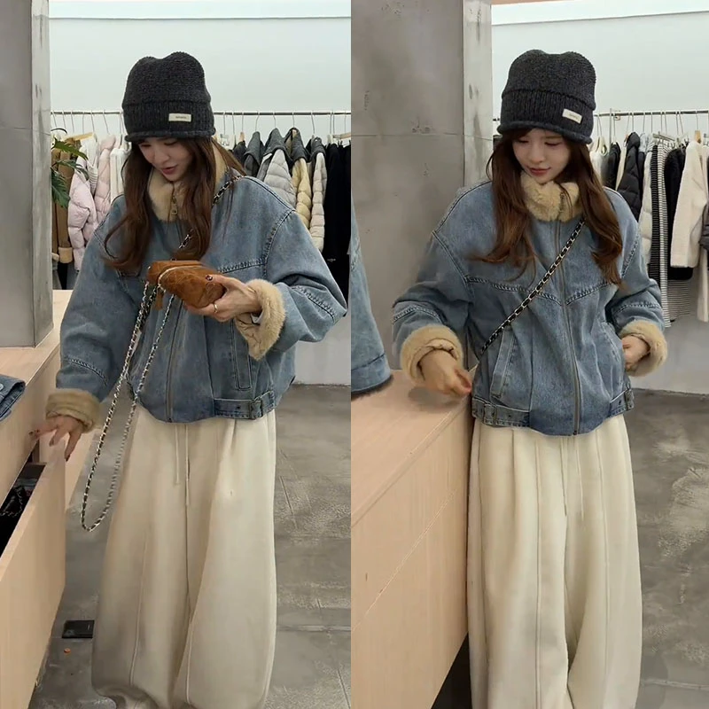 冬季搭配一整套女装2025新款韩版复古短款牛仔外套休闲裤两件套潮