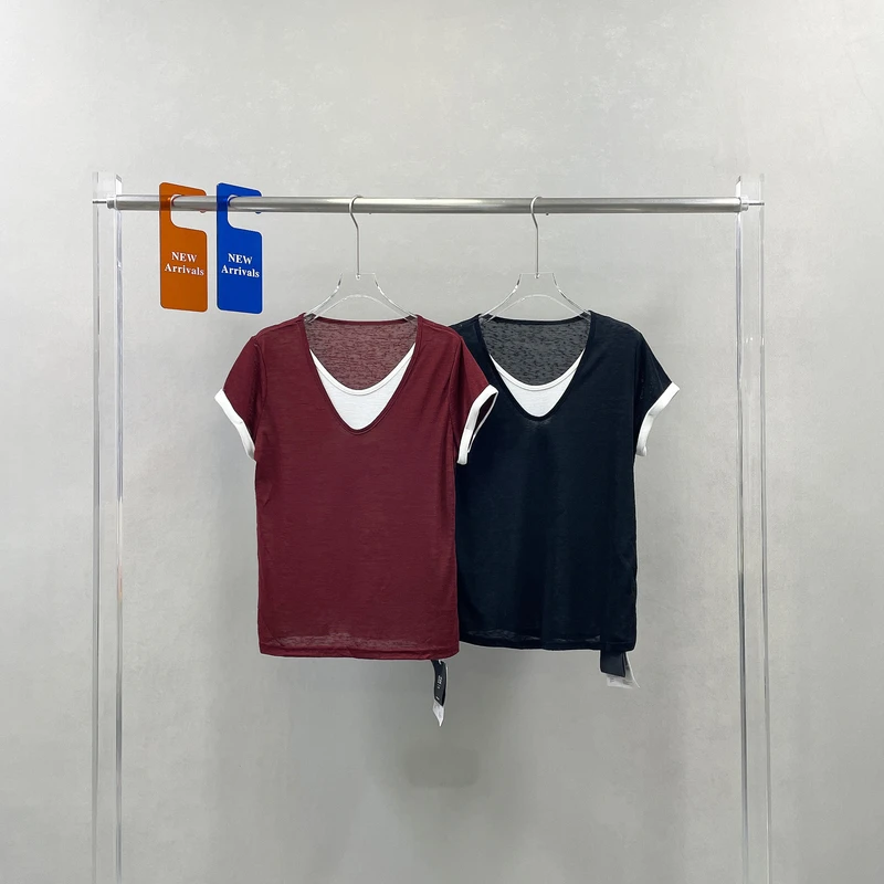 里安V领设计感短袖上衣假两件洋气休闲百搭夏季时尚修身T恤80399