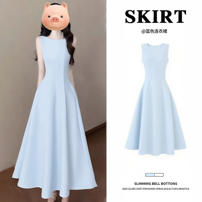 蓝色无袖连衣裙女夏2025新款夏日绝美长款小裙子掐腰收腰a字长裙