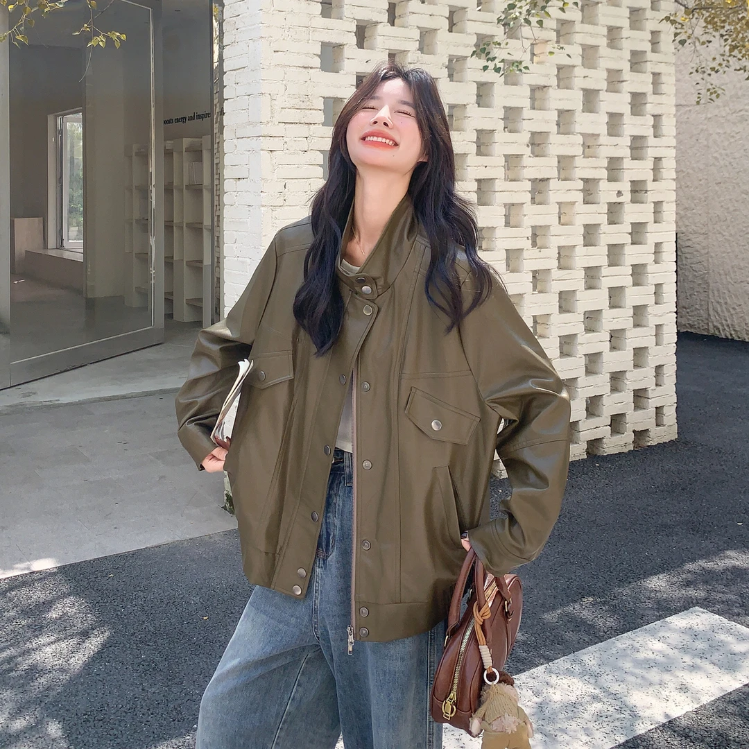 复古设计感休闲百搭皮衣女2025秋季新款时尚朋克风宽松立领外套