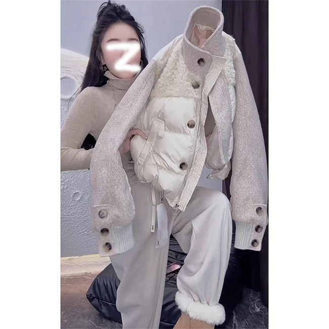 2025秋冬时尚拼接显瘦甜美减龄纽扣棉服休闲风保暖针织长袖外套潮