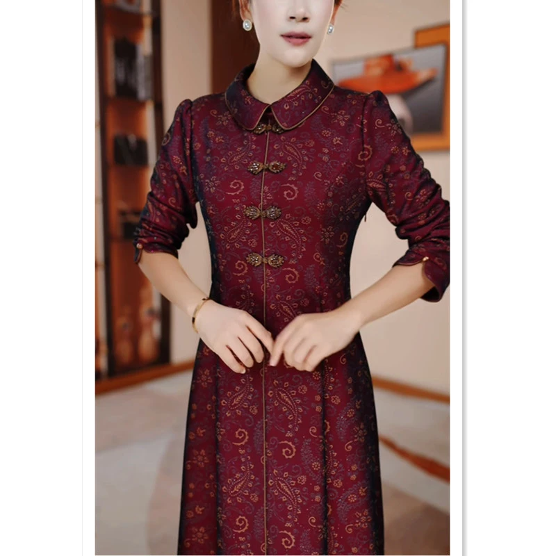 红色娃娃领收腰显瘦遮肉气质连衣裙H5B197秋季新款时尚修身长袖