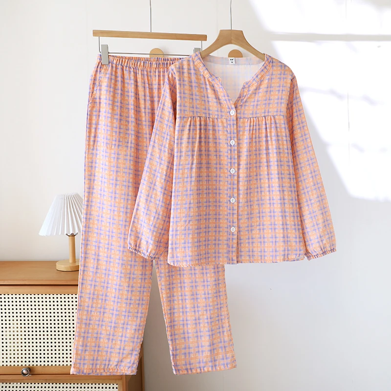 格子系~2025新款双层纱睡衣女纯棉春夏薄款长袖V领简约全棉家居服