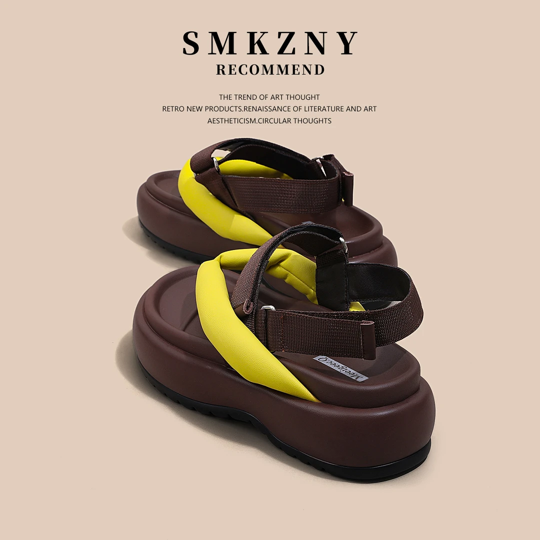 SMKZNY黄色增高厚底罗马凉鞋女2025年新款夏季外穿休闲沙滩凉拖鞋