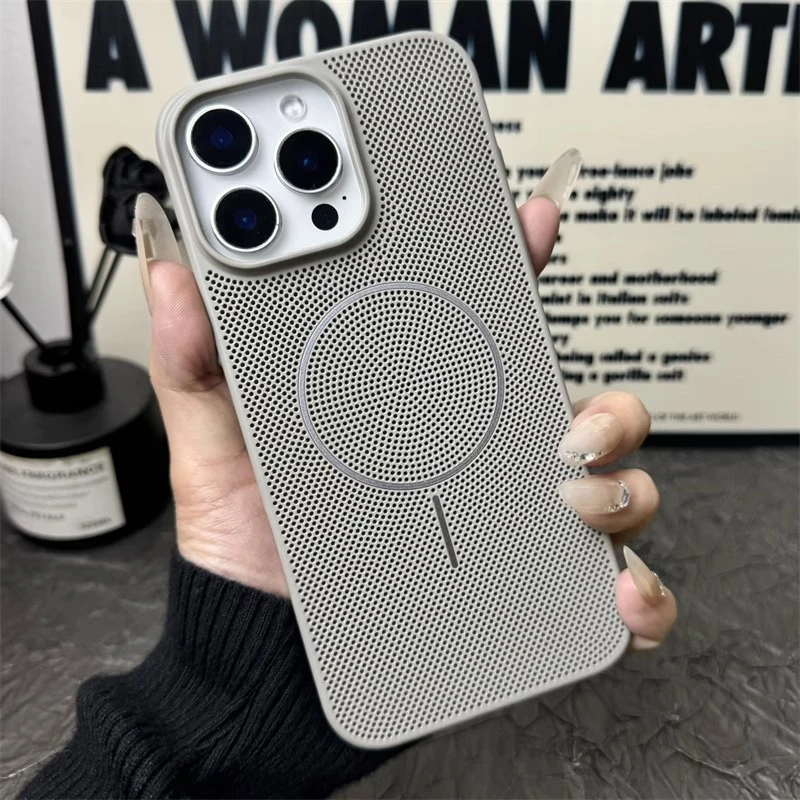 适用苹果iPhone16promax超薄散热细圈磁吸手机壳15网孔情侣保护套