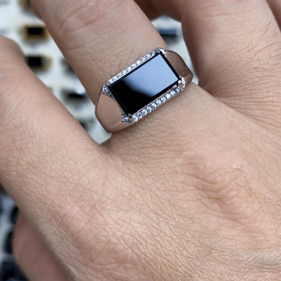 翡翠银S925镶嵌戒指墨翠戒指