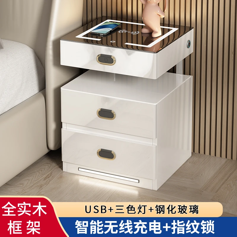 智能床头柜网红高颜值家具指纹锁实木烤漆无线充电感应灯卧室