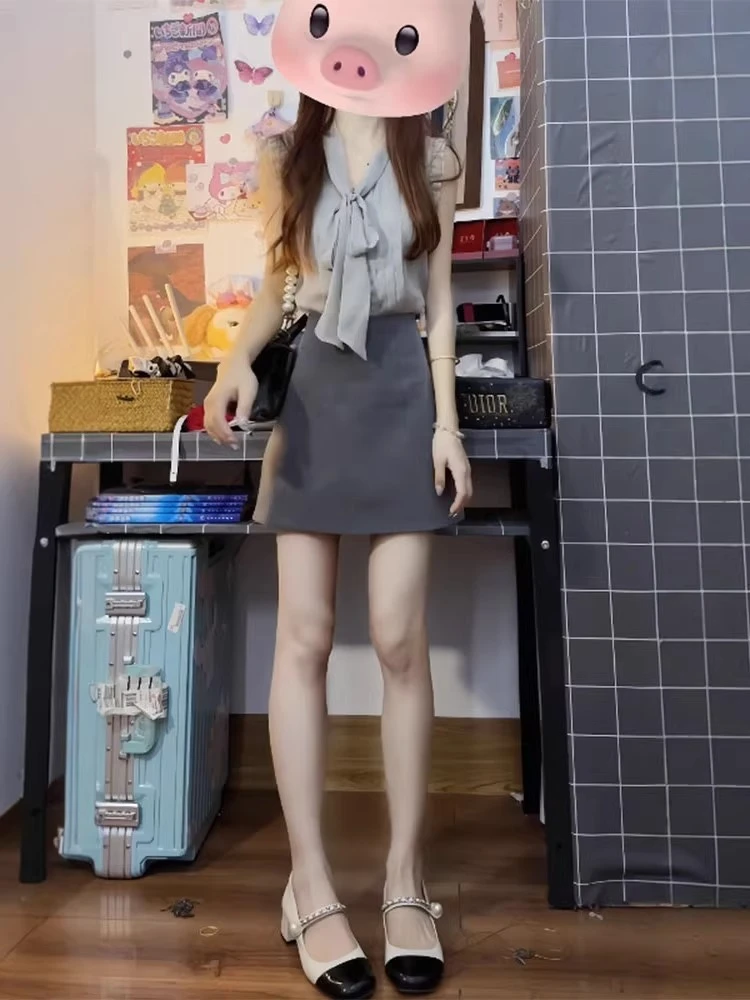 飘带无袖背心收腰a字短裙两件套轻熟御姐风穿搭套装连衣裙女夏季