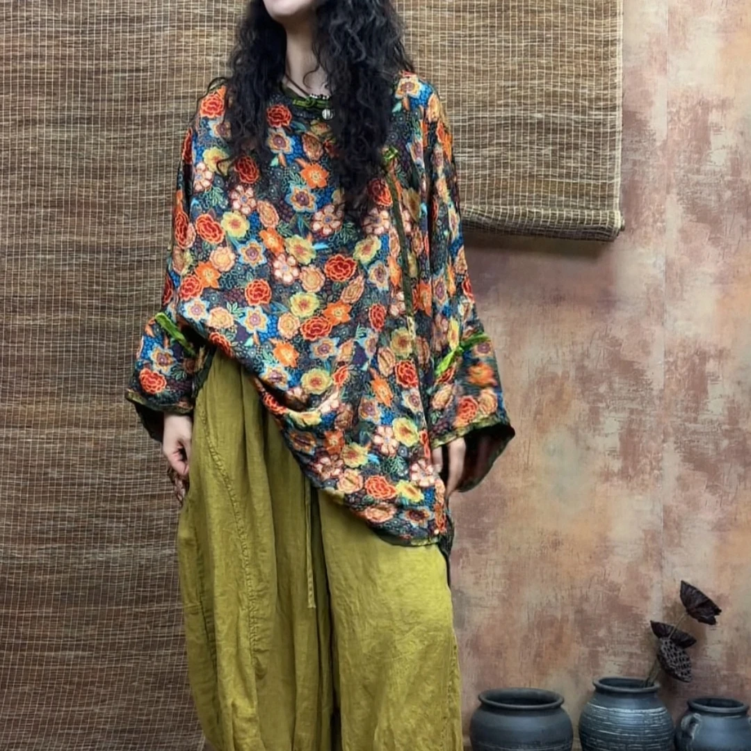 森女族夏季新款圆领一粒盘扣拼接袖印花套头衬衫