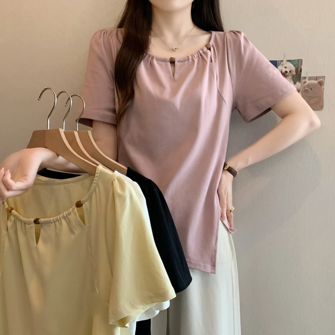 清2025夏季胖mm大码设计感串珠圆领短袖T恤设计感镂空上衣64575