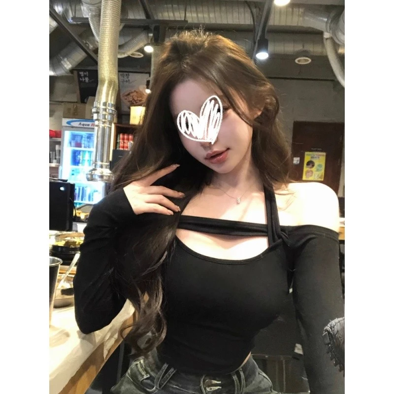 纯欲性感镂空设计一字肩挂脖长袖t恤内搭修身显瘦打底衫上衣