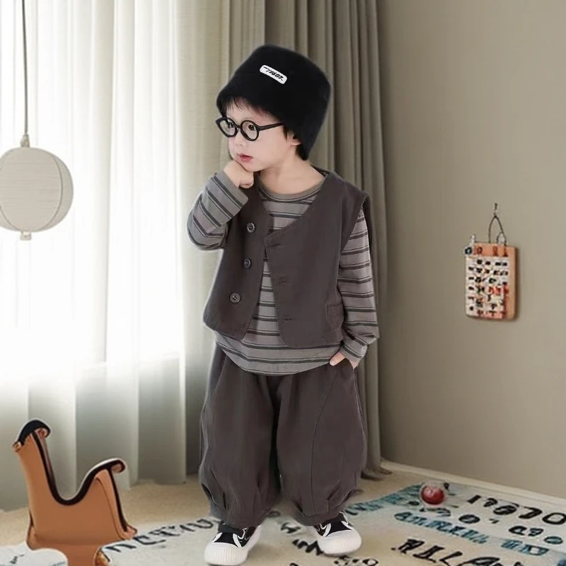 【沫沫家】男女童痞帅马甲套装新款男宝宝小童套装三件套秋装