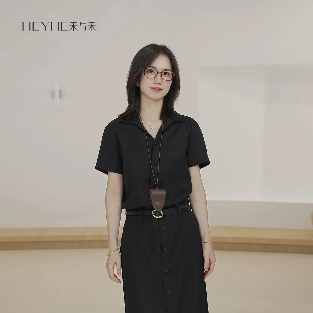 小禾【渔舟】100%平纹亚麻黑色古巴领显瘦百搭短袖衬衫25DMH3