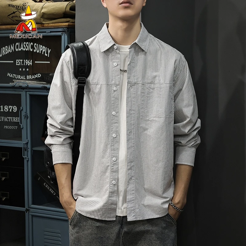 Mexican/稻草人春季条纹长袖衬衫男款休闲高级感衬衣纯棉外套春秋