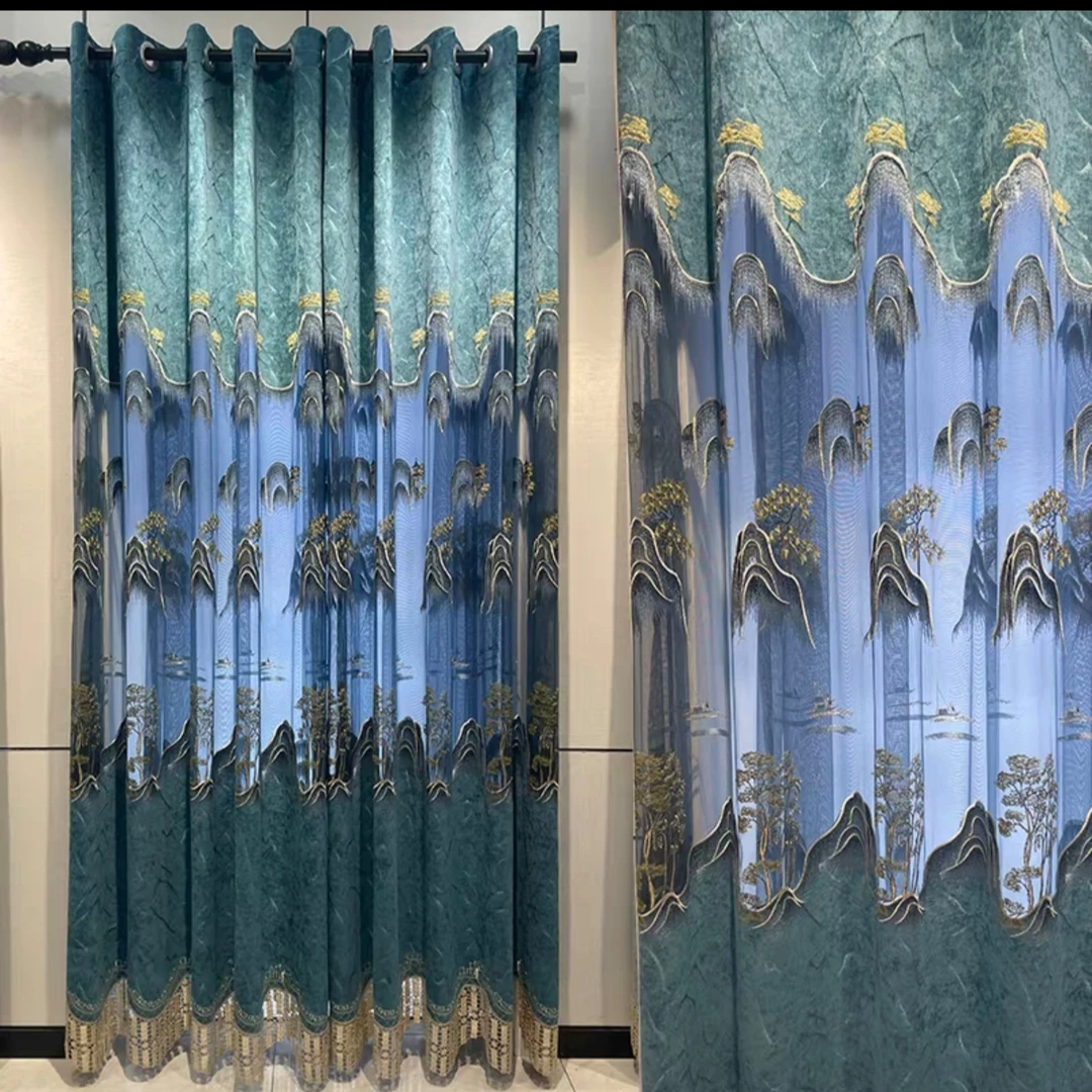 定制窗帘  欧式轻奢镂空雪尼尔绣花可定制绿色窗帘布