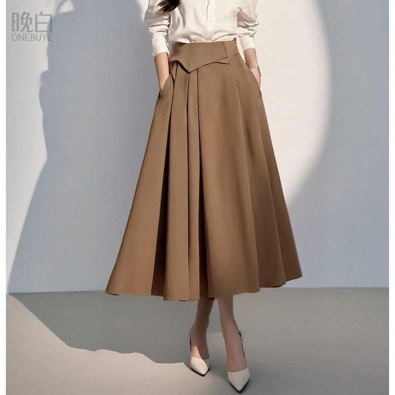 晚白2025春秋高腰气质高腰显瘦百搭休闲复古中长款半身裙24082905