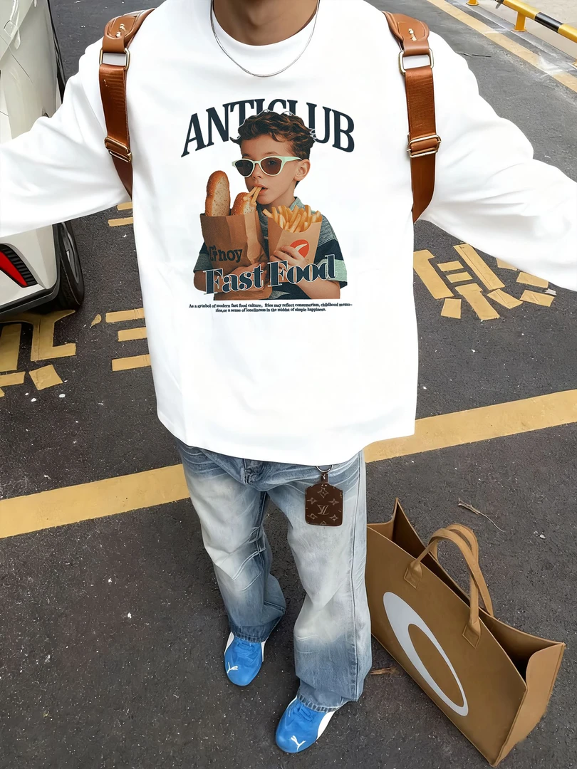 ANTI美式面包男孩印花长袖束口打底衫潮牌百搭宽松重磅纯棉上衣