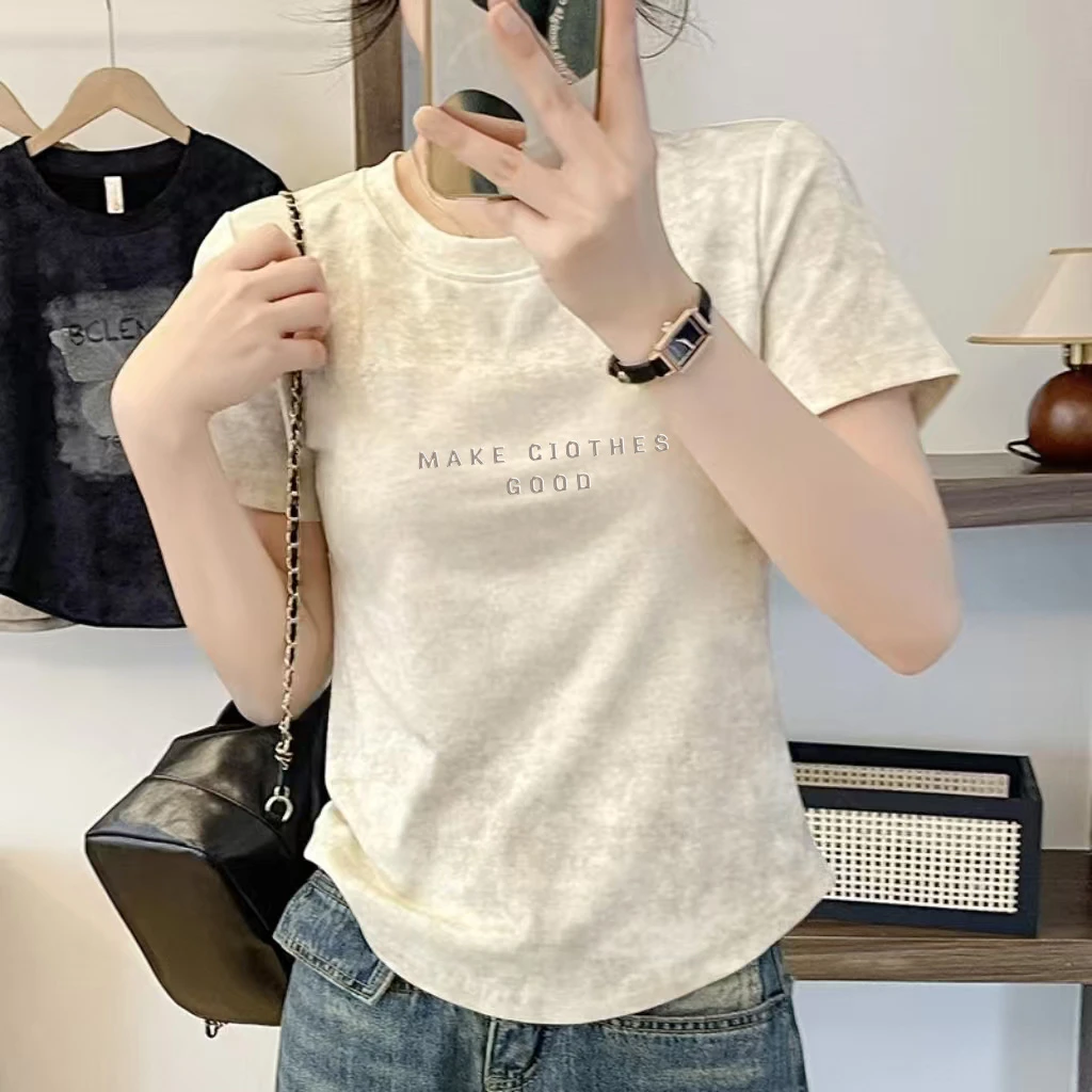 正肩圆领扎染印花短袖夏季2025新款设计感T恤小众别致弧形上衣女