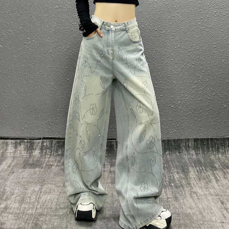 闪亮烫钻垂感休闲牛仔裤女秋新款高腰宽松显瘦百搭直筒阔腿拖地裤