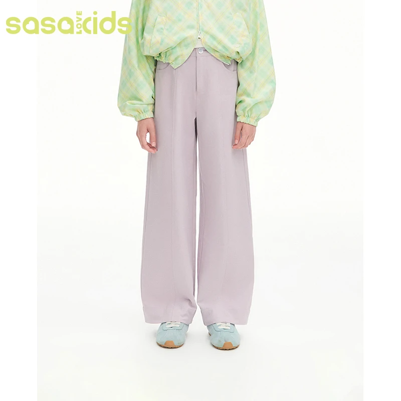 sasakids芋泥奶油慕斯灰紫色休闲水洗棉显瘦百搭直筒裤女童