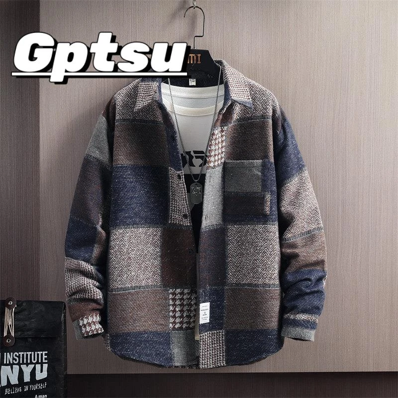 GPTSu磨毛衬衫男长袖秋新款棕色大格子潮流百搭衬衣学生休闲外套