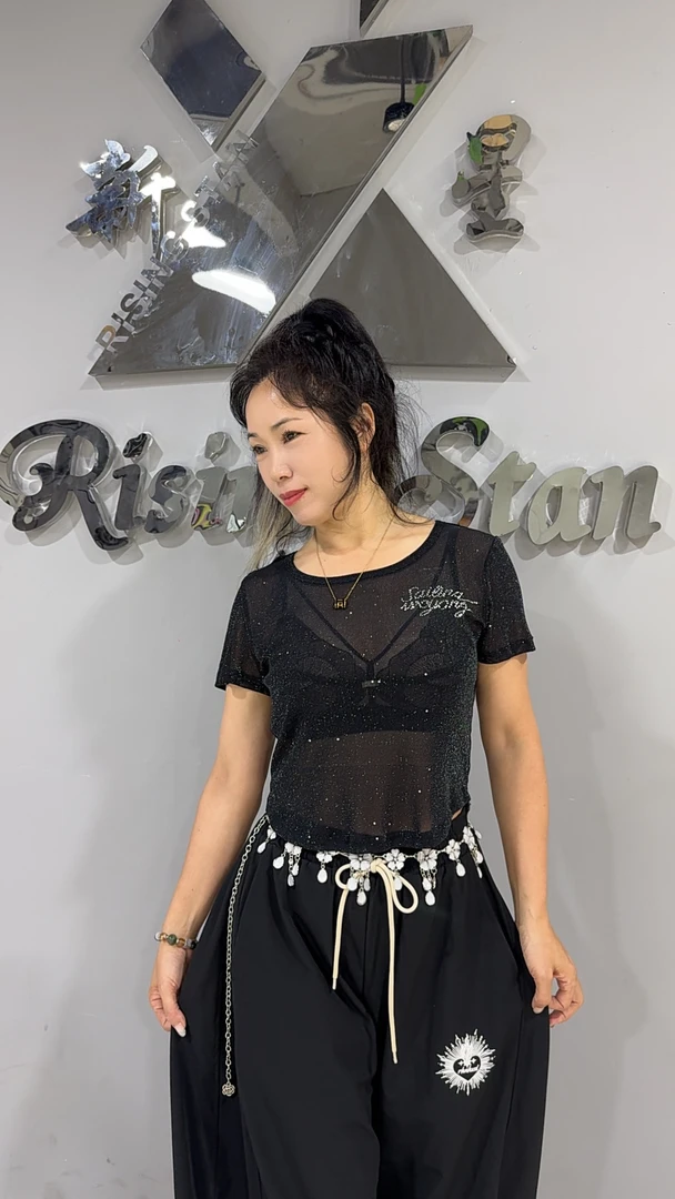 2025闪星光上衣宽松印钻石花短袖女长款559