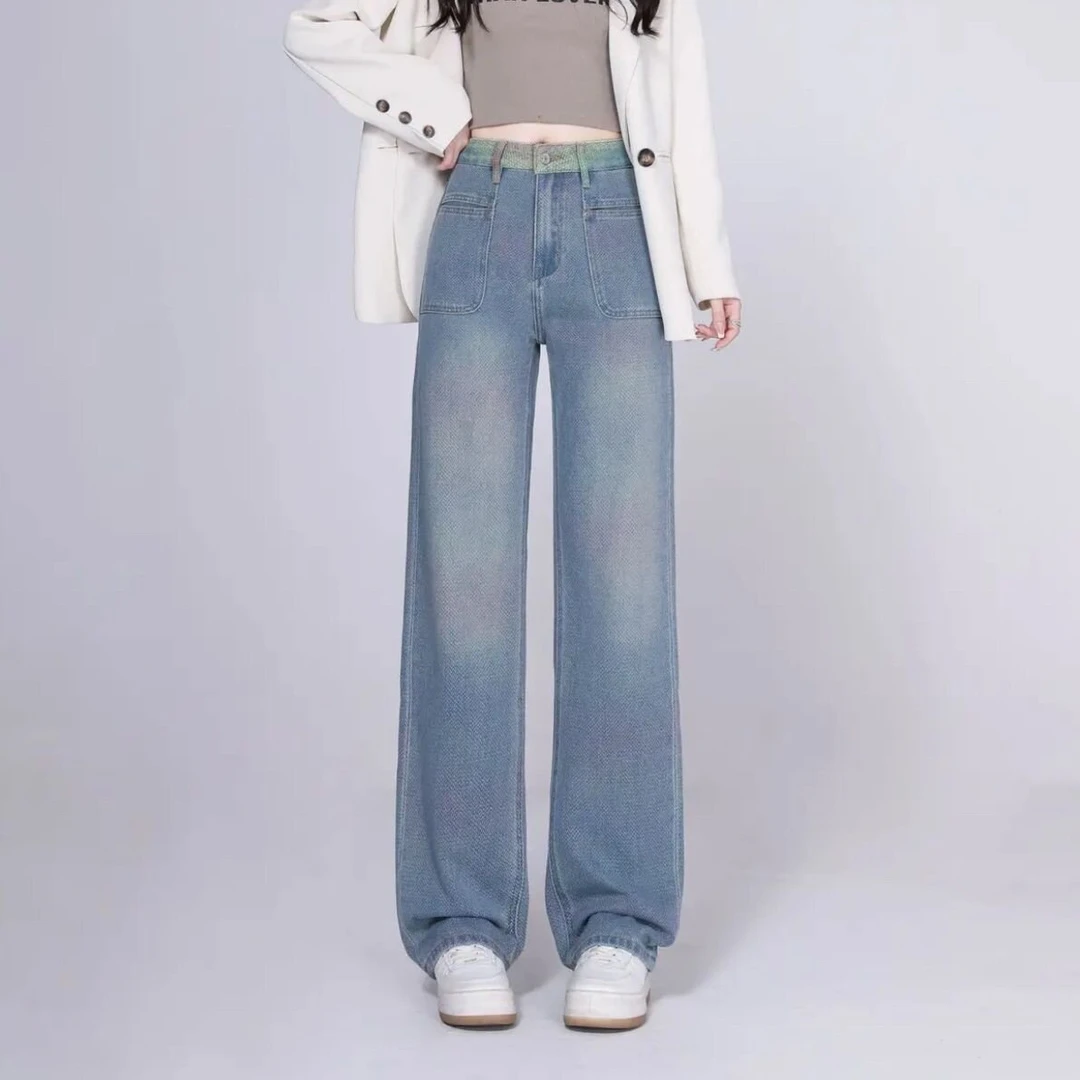 2025女直筒裤春秋季重工手缝阔腿牛仔裤裤子时尚休闲显瘦复古蓝色