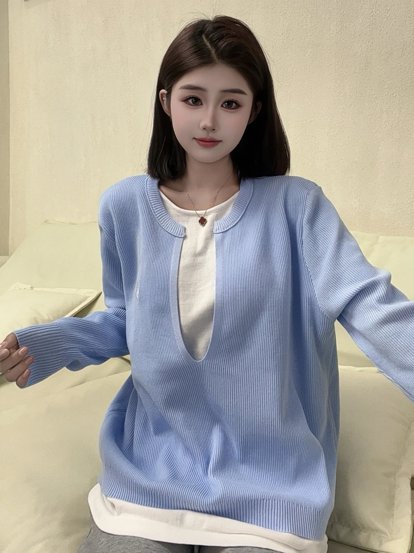 毛小衣时尚休闲针织衫假两件宽松条纹秋季春游显瘦圆领套头9065