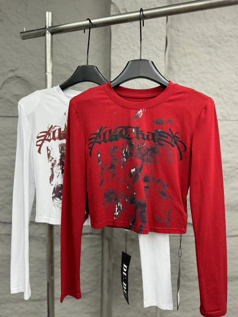 ［墨痕流彩］圆领长袖200g修身型短款INS风T恤时尚红色盐系少年感