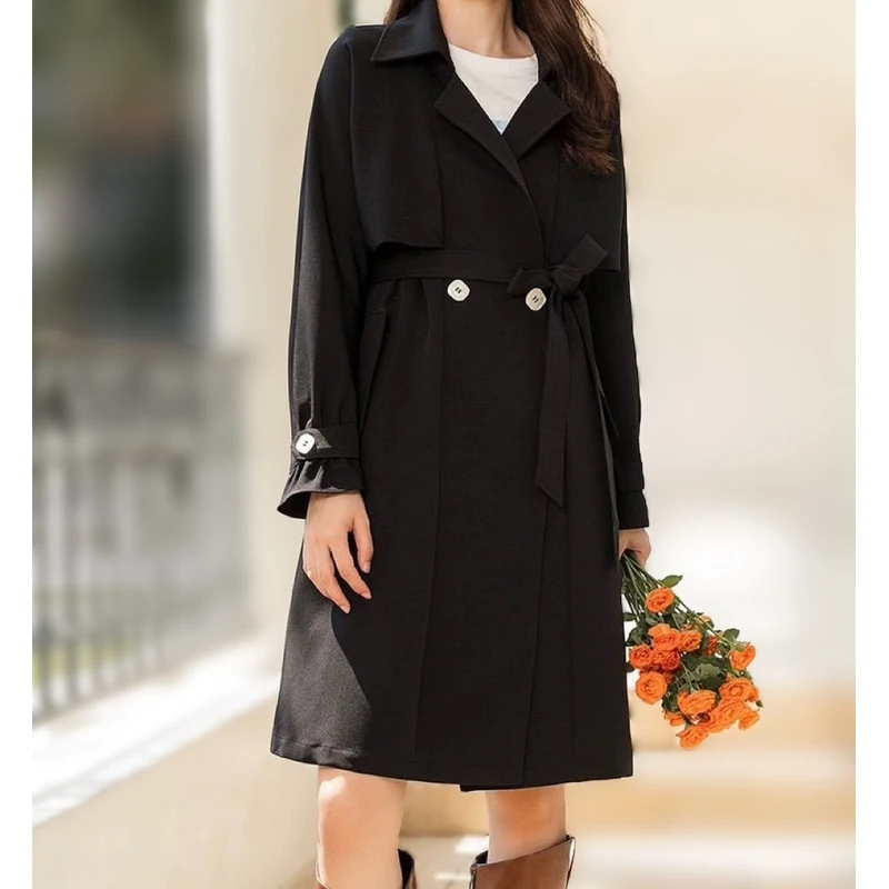 春款上新橙子家剪标女装春秋女中长款修身简约气质西装领黑色风衣