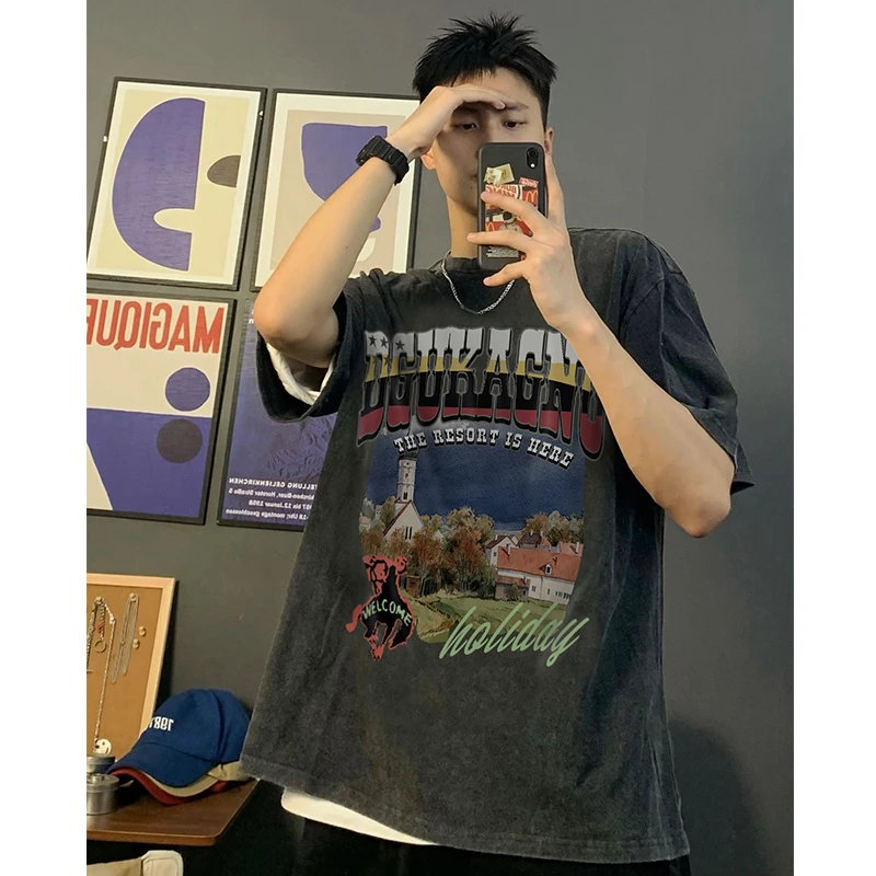 特大码300斤男夏季做旧水洗街头宽松短袖美式复古赛车印花纯棉T恤