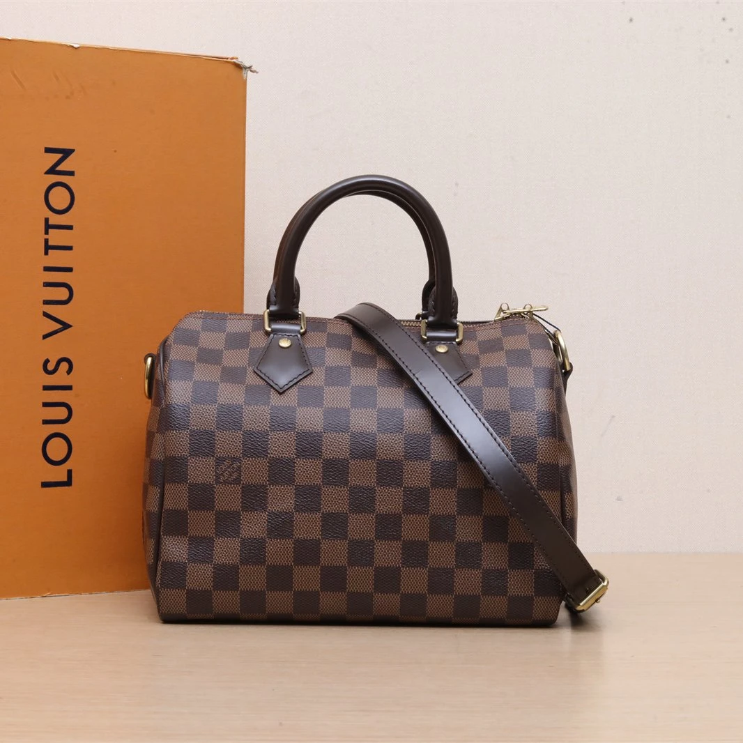 95新 LouisVuitton/路易威登 【黑黑】Speedy 25 棕色棋盘格 PVC