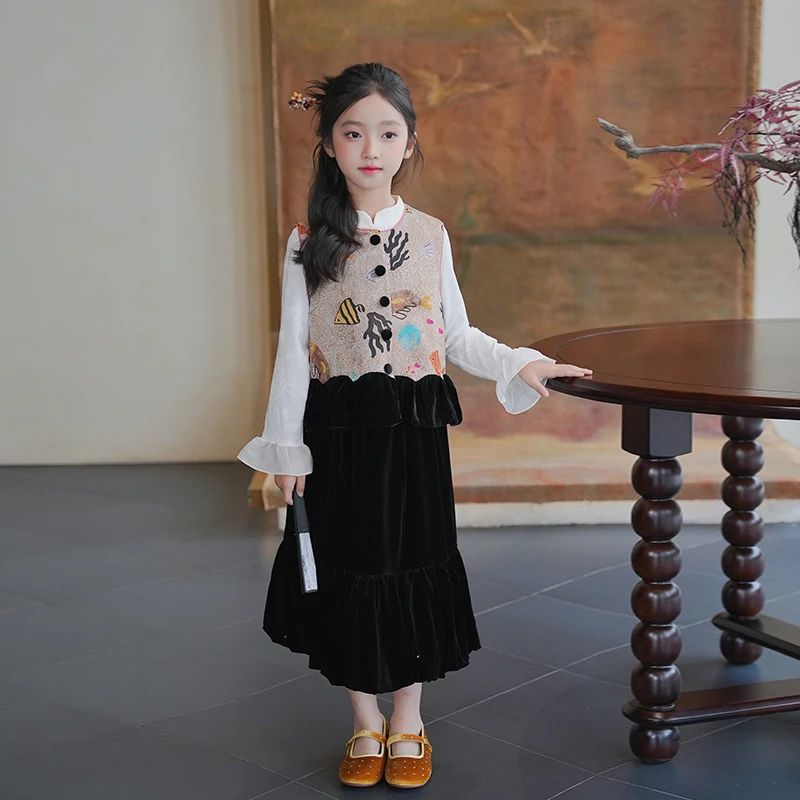 80777女童汉服国风提花印花马甲唐装坎肩背心新中式圆领外搭上衣