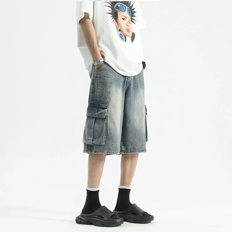 男夏季工装牛仔五分裤宽松直筒休闲短裤百搭中裤复古潮流牛仔裤