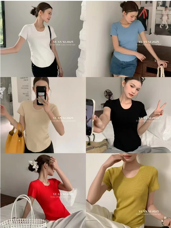 温柔瑶-元熙#U领收腰显瘦设计韩版短袖#1022