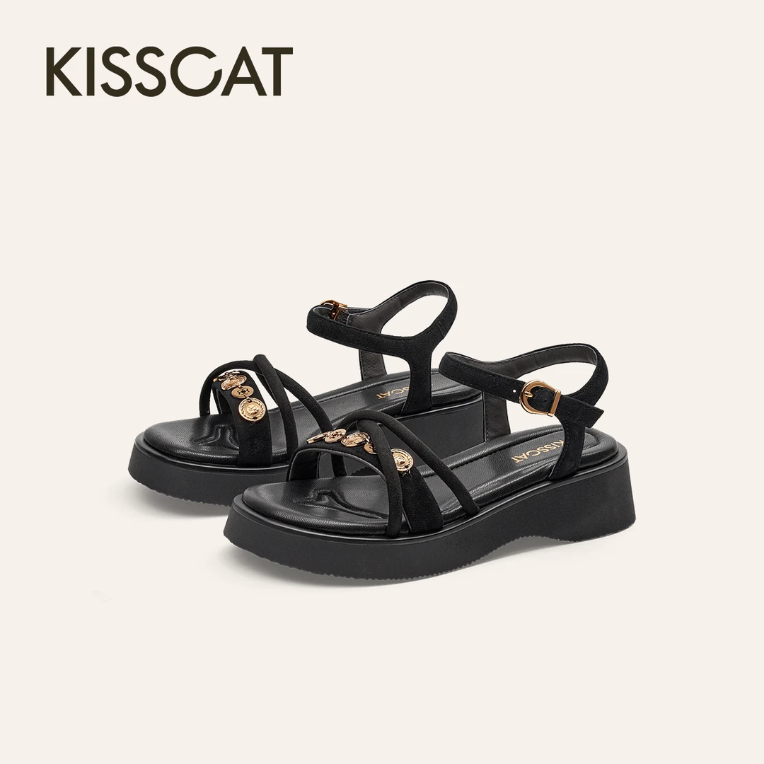 【商场同款】接吻猫2025夏季新款增高复古金币条休闲凉鞋KA65310-50