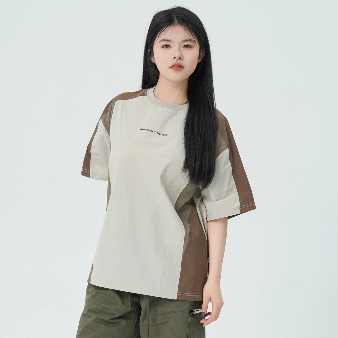 撞色拼接短袖男夏圆领宽松运动速干凉感时尚休闲休闲简约百搭T恤