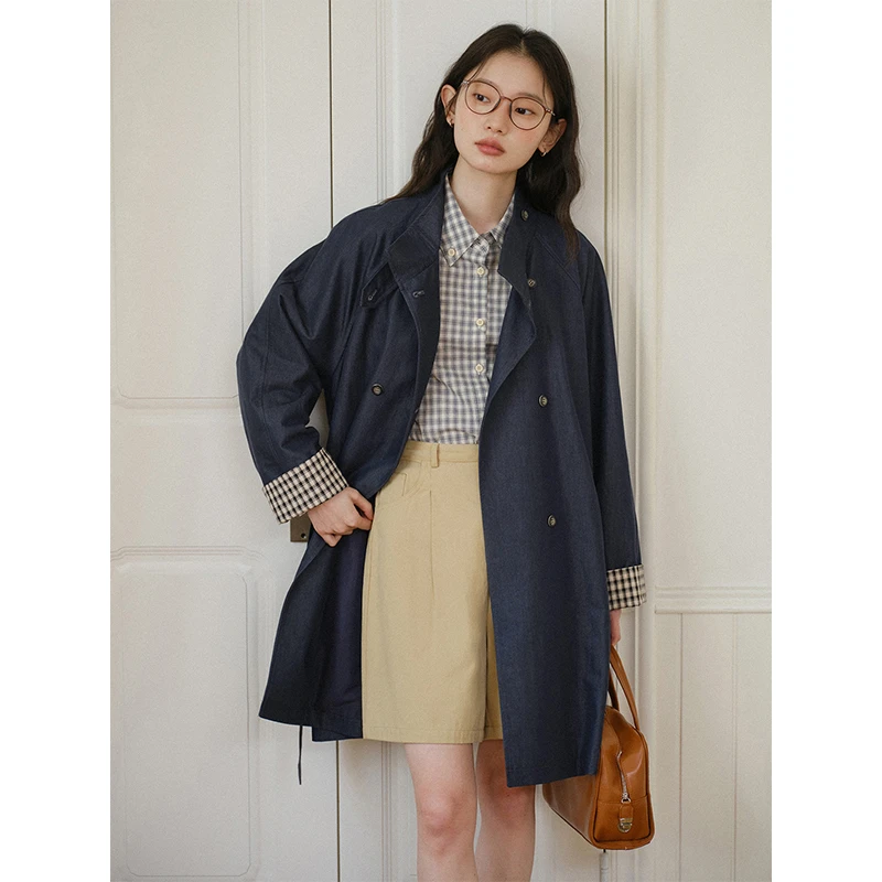 素典【具象化随性】格子拼接牛仔风衣外套小个子系带收腰上衣3598