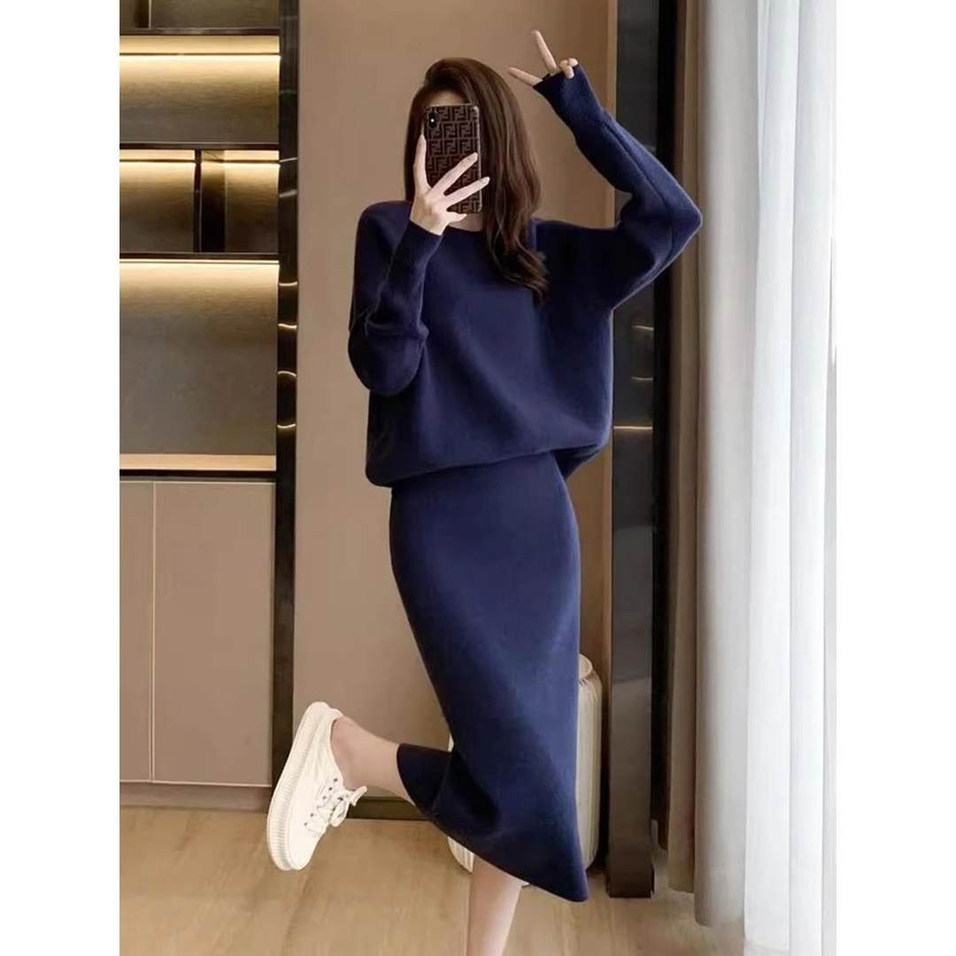 小香风针织套装裙女秋冬高级感洋气打底毛衣开叉过膝半身裙两件套