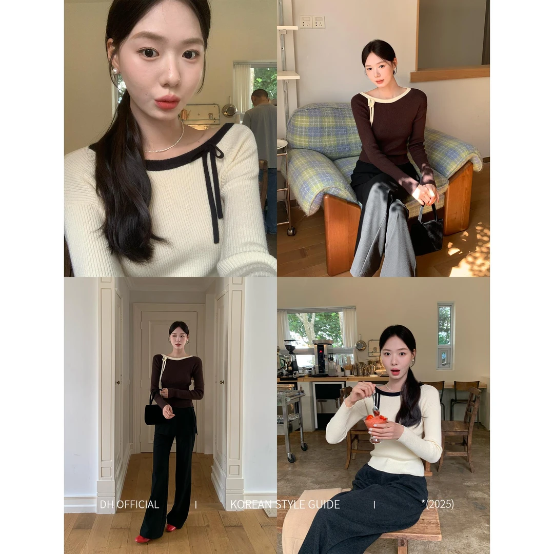 DH OFFICIAL 大花【银杏情书 wooly 】斜肩长袖蝴蝶结系带针织上衣