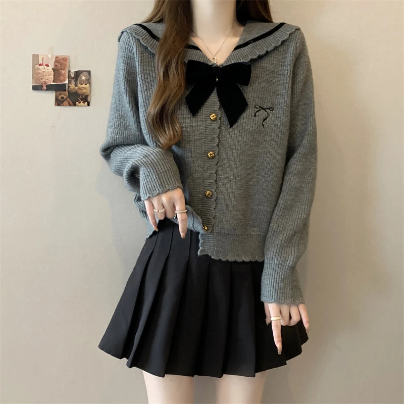 法式蝴蝶结海军领针织衫毛衣大码女装2025秋装新款胖mm学院风上衣
