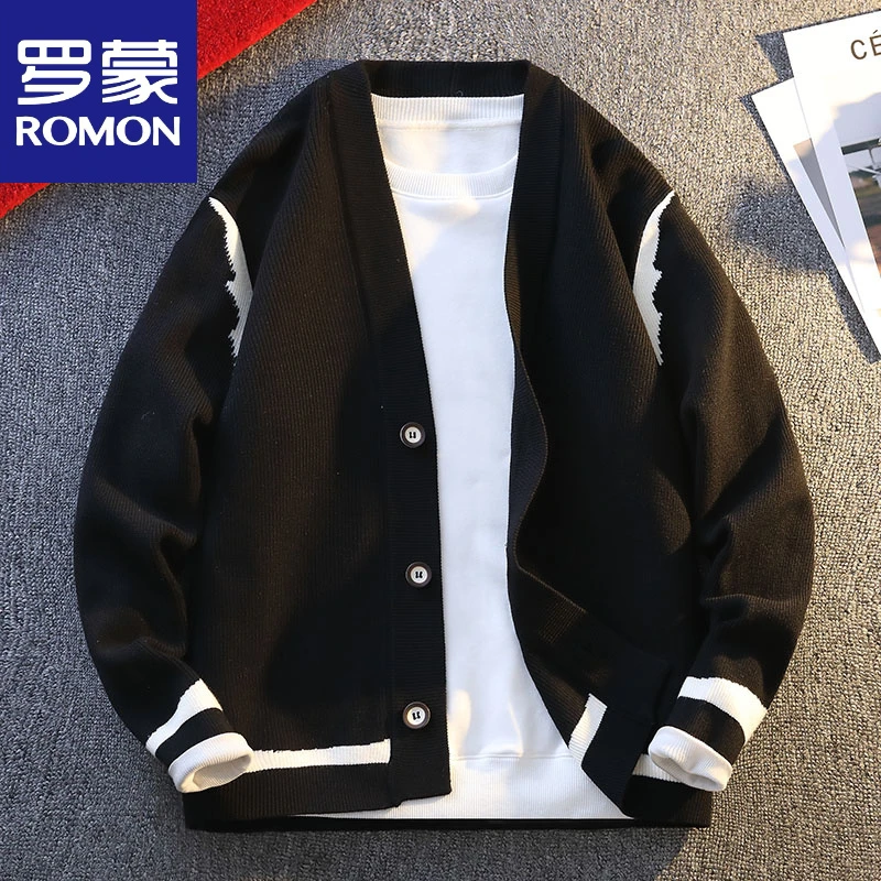罗蒙春季慵懒风开衫潮流休闲衬衫领纽扣春秋毛衣男外套宽松韩版
