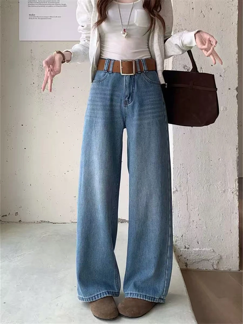 【6355】佰#高腰加绒直筒宽松牛仔裤