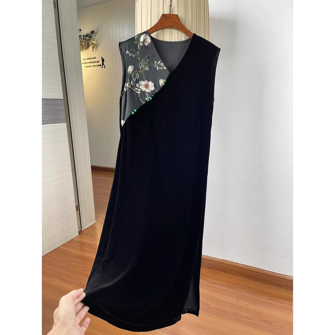 气质印花拼接真丝丝绒无袖垂感直筒长款夏季女连衣裙