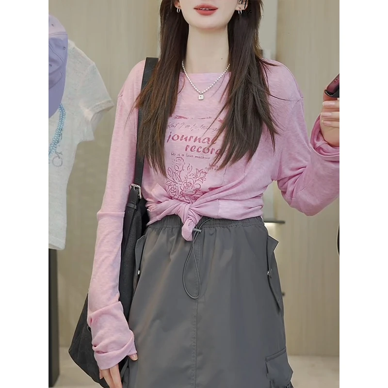 粉色印花修身长袖防晒t恤女夏季薄款罩衫2025年新款宽松显瘦上衣