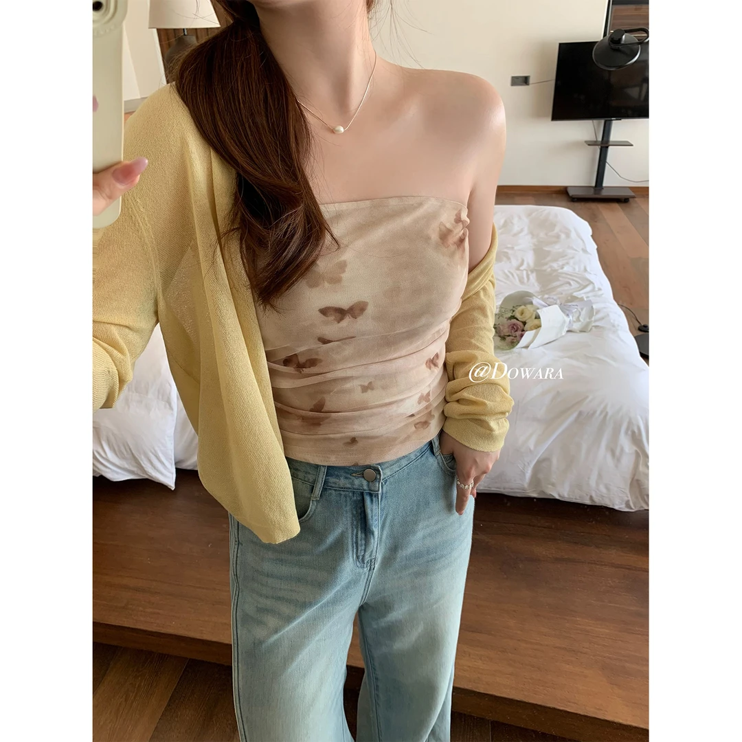 现货大婉酱微胖定制设计感蝴蝶剪影晕染印花上衣法式抹胸女 8292D