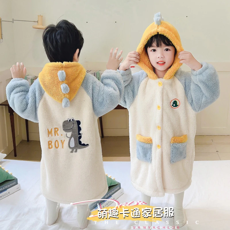 儿童睡衣秋冬季法兰绒男童睡袍珊瑚绒浴10岁15岁女童秋季睡衣