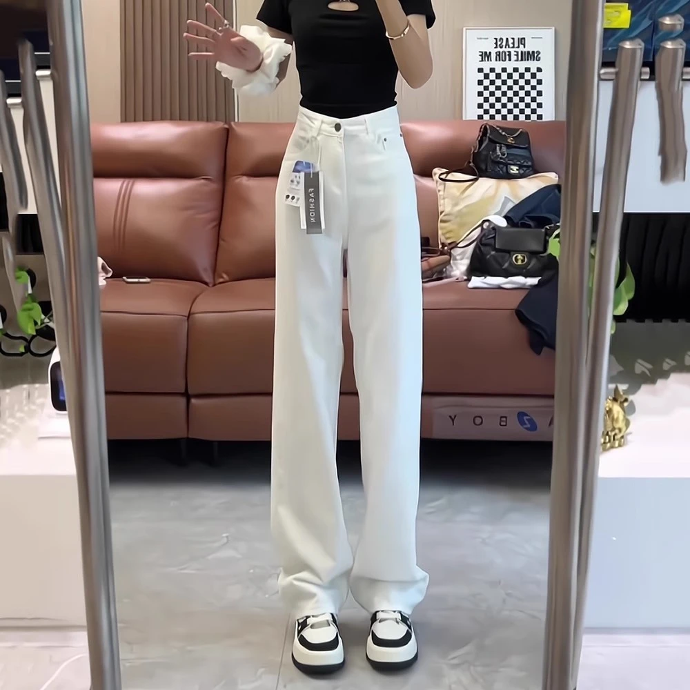 三防白色直筒牛仔裤女2025新款春秋季新款弹力小个子窄版阔腿裤子