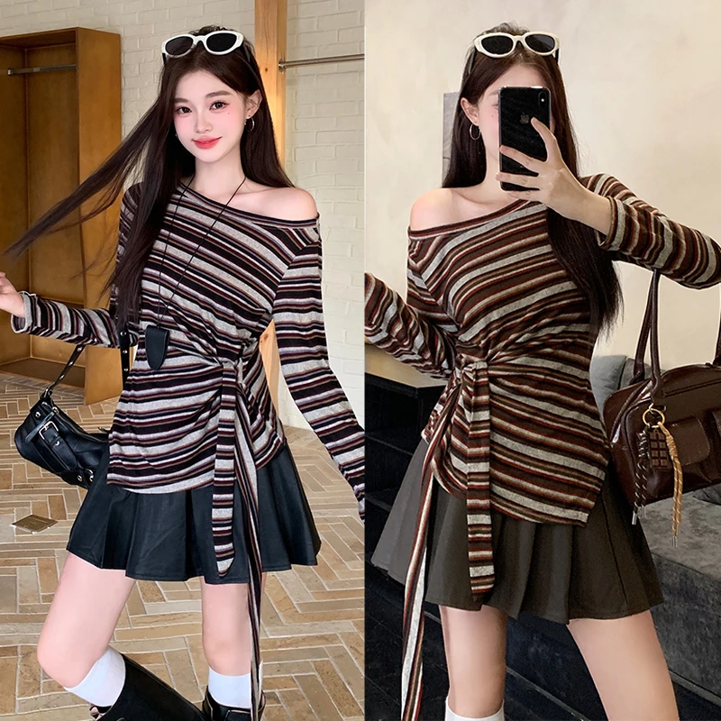 2025大码女装新款条纹斜肩辣妹风不规则长袖上衣3775