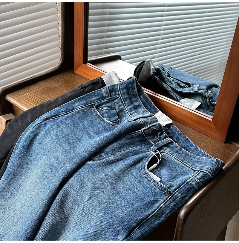 韩系洋气百搭四面弹高腰显瘦秋季牛仔裤微喇长裤女